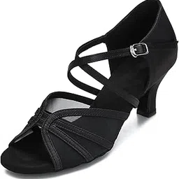 cleecli Women's Ballroom Dance Shoes Latin Salsa Dancing Shoes Cross Strap 2.5inch 3inch Heel ZB04-picture-42