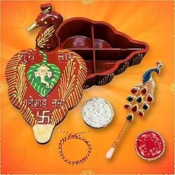 UrbanShilp Bhai Dooj Tikka Thread, Roli, Chawal, puja storage box, Special Pack with Bhai Dooj Combo Set (1 Chopra Box,1Tilak Stick, 1 Moli, Roli, Chawal)-image-96