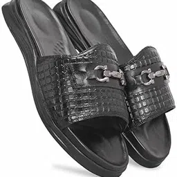 MATR Classic Men's Black Textured Casual Slide Slip-On Sandals Slider with Metal Accent-image-16
