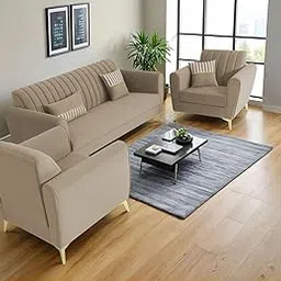 Adorn India Premium Luster 3-1-1 Sofa Set | Velvet Suede Fabric | 3-Year Warranty | Color Beige with Golden Legs & Striped Pattern Cushion-image-47