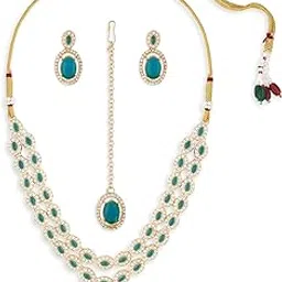 zaveri pearls Green Stones Dazzling Austrian Diamonds Layered Necklace Earring & Maangtikka Set For Women-ZPFK18911-picture-22