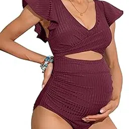 charmo Maternity Swimsuit Ribbed One Piece Ruffle Sleeve Bathing Suit Ruched Cut-Out Tie Knot Pregnancy Swimwear-picture-31