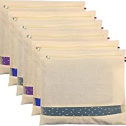 Cotton Saree Bags/Covers for Storage, Big Size Single (16 X 14 Inches) with Zip Closure for Clothes Bags and Wardrobe Organizer with Transparent Mesh Window, Beige (Pack of 6)-picture-20