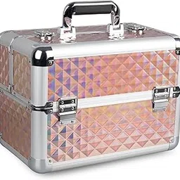 SHAMAX® Professional Mini Luggage Box, Geometric Vanity Case – Travel Cosmetic Organizer Makeup Case for Makeup Artist with Lock Bridal Cosmetic Storage Case, Bridal Gift (Mettalic Body)-picture-48