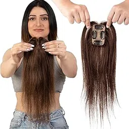 Capilus 100% Human Hair Extensions for Women, Clip in Scalp Topper/Hair Topper, Silk Based- (3"x2", 16 Inches, Natural Brown)-picture-16