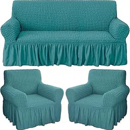 House of Quirk Turkish Bubble Frill Five Seater 3 + 1 + 1 Sofa Slipcovers 280 GSM, Durable Washable Universal Triple Seater High Elastic Furniture Protector (Teal)-picture-19