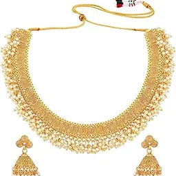 peora Traditional Gold Plated Brass Alloy Rice Pearl Studded Festive Bridal Short Necklace Choker with Jhumki Earrings Jewellery Sets for Women Girls-picture-17