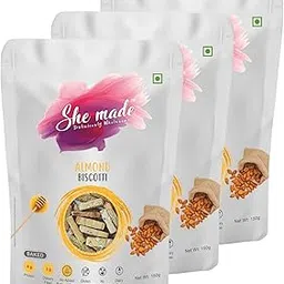 She Made Foods Biscotti Cookies - Pack of 3, Classic Almond Flavour, Fibre Dense & Gluten-Free Biscuit, Baked, Crunchy & Tasty Gourmet Snacks, Light & Healthy Nibbles (150 grams each) image 1
