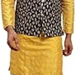sojanya (Since 1958 Men's Silk Blend Mustard Kurta and Cream Pyjama with Cream Embroidery Nehru Jacket-picture-28