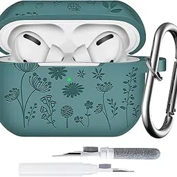 Flower Engraved Case for AirPods Pro 2nd/1st Generation Case Cover - Magnetic Straps Lanyard Cute Two-Tone Floral Soft Silicone Cover for AirPods Pro Case with Cleaner Pen Kit for Women Gift PineGreen-image-45