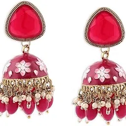 zaveri pearls Rani Pink Meenakari Stone & Cluster Beads Embellished Yellow Gold Jhumki Earring For Women-ZPFK14919-picture-54