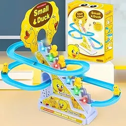 Slide Toy Race Duck Track Set, Funny Automatic Stair-Climbing Ducklings Cartoon Roller Coaster Escalator Toy with Flashing Lights & Music-image-14