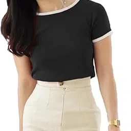 V Wear Trendy Contrast Boat Neck Short Sleeve Top for Women-picture-14