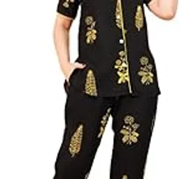 Women's Rayon Night Suit, Black with Gold Floral Print, Short Sleeve Button-Down Top and Pants Set, Casual Loungewear-image-98