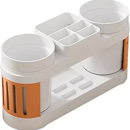 Cortina All-in-One Bathroom Organizer, Toothbrush Holder, Toothpaste Shelf & Rinse Cup Set, Brush Stand | Off-White - Orange, Dual Cup-picture-23
