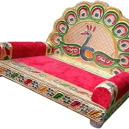 Traditional Wooden Singhasan with Red Velvet Cushioning, Handcrafted Peacock Design, Gold Painted Temple Throne Chair, Indian Religious Decor-image-8
