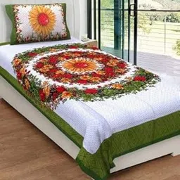 Traditional Collections 140 TC Cotton Surajmukhi Floral Printed Single Bedsheet (Green)-picture-24