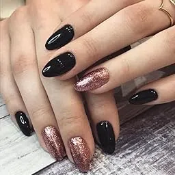 Set Of 14Pc, Press-On, Glossy Black With Rose Gold Glitter Sparkle Royal Look, Short Almond Nail Extensions With Free Glue Kit-image-22