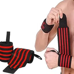 Weight Training Wrist Support Wraps, Black and Red Striped, Adjustable Gym Workout Band-image-0