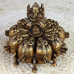 South Indian Arts Brass Decorative Boxes, Multipurpose Sindoor Box, Sindhur Ka Daba with Ganesha Idol On Top, Gold, 13Cm, 1 Piece image 1