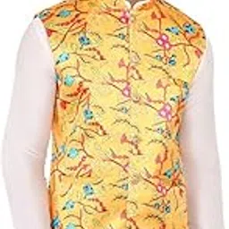 sadree Men's Nehru Jacket, Traditional Brocade Waistcoat, Party Wedding Ceremonial Wear (IN, Alpha, M, Regular, Yellow Flower)-picture-15