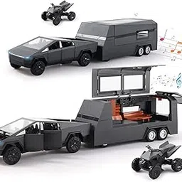 Advisian store 1:32 Scale Die-Cast Tesla CyberTruck with Pick-Up Trailer with 6 Openable Doors Pull Back Toy Car with Lights & MusicToy Car Gift for Kids (1:32 Cybertruck Trailer - Black)-picture-39