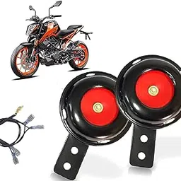 Auto Pearl 12V 110dB 3A Motorcycle Loud Tone Sound Loud Horn Fits Moped Scooter Electric Bike Black-Red with Wiring with Wiring compatible with Duke 200 (Pack of 2)-image-97
