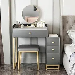 Vandana Interiors Modern 31.5" Gray Makeup Vanity Retracted Faux Marble Dressing Table with Side Cabinet-image-30