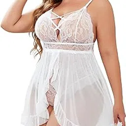 ssoshhub Women's Plus Size Lingerie Beautiful Babydoll Snap Crotch Lace Chemise Ruffles Nightwear Bodysuit with Babydoll-picture-21