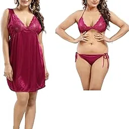 life-tale Women's Satin 3 Pc Baby Doll Lingerie Set-picture-36