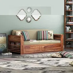 Gunnu Furniture Sheesham Wood Sofa Cum Bed with Pull-Out Storage, Slatted Armrests, Beige Cushions (2 Seater (Bed Size 72x48))-image-80