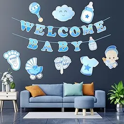 Party Decorz-Never Miss A Chance to Celebrate Welcome Baby Boy Paper Decoration Set Of 9 pcs(1 pcs Welcome Baby Boy Banner ) For Baby Welcome, Photoshoot Party Decoration,blue-image-7