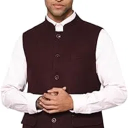 cantabil Men's Solid Wine Mandarin Collar Waist Coat-picture-20