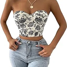 soly hux Women's Casual Floral Print Lace Up Back Sleeveless Strapless Bandeau Tube Crop Corset Top-picture-41