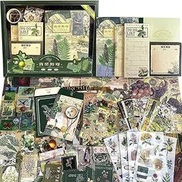 KHUSHAL 346Pcs Paper Vintage Aesthetic Scrapbook Kit Scrapbooking Supplies Kit with Bullet Junk Journal, Stationery, Washi Stickers A6 Grid Notebook Journaling Gift for Girl (Green Botanical)-picture-19