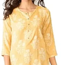 vaamsi Women's Yellow Cotton Blend Floral Printed Top | Western Tops for Women-picture-36