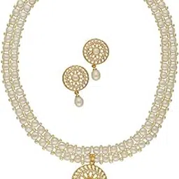 sri jagdamba pearls dealer Sri Jagdamba Pearls Picturesque Dual Line White Pearl Necklace Set For women & Girls | Button AA Freshwater Pearls 4-5MM | 16-18 Inches Length | Gift Elegant Hyderabadi Pearl Set To Loved One's image 1