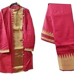 Traditional Temple Design Men's Kurta and Women's Saree Couple Set, Red and Gold Silk Ethnic Wear, Wedding Party Attire with Temple Border Design, Long Sleeves, Length - 40 inch, Chest - 46 inch-picture-54