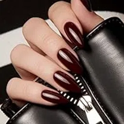 Set Of 14Pc, Glossy Long Almond Shaped Dark Maroon Press-On Nails, Nails Extensions With Free Glue Kit-image-19