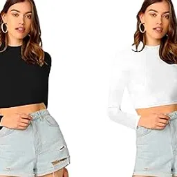 dream beauty fashion Women's Casual Round Neck Long Sleeves Stylish Crop Top - Pack of 2-17" inches (Combo-Tally Black-P,)-picture-41