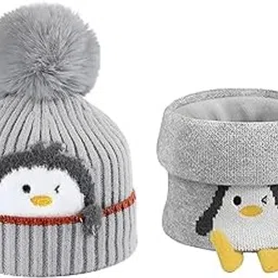 syga Baby Winter Cap with Scarf Knitted Penguin Design Beanie Hat for 3-10 Years, Stretchable Woolen Neck & Ear Protection-picture-51
