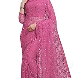 Lorofy Women's Net Saree With Blouse (RosePink) image 1