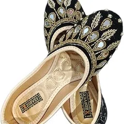 Zariex Women's Traditional Embroidered Velvet Jutti, Red and Gold Peacock Design, Handcrafted Ethnic Ballet Flats with Mirror Work-picture-47