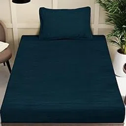 FABINALIV Rama Blue Striped 300 TC Woollen Single Bedsheet with Pillow Cover (FLWSBS-1048-RBlue)-picture-14