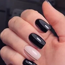 Set Of 14Pc, Press-On Glossy Nude Pink Base With Glossy Black Design, Short Square Shaped, Nail Extensions With Free Glue Kit-image-15
