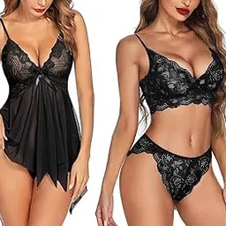 Combo Offer! Women Babydoll Nightwear Lace Bra Panty Lingerie Set Pack of 2-picture-43