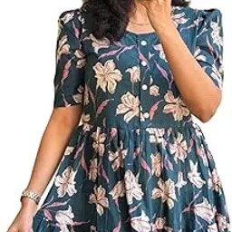 Women's Floral Print Midi Dress, Lily Pattern, Button-Front, Short Sleeve-picture-45