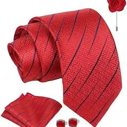 axlon Tie for Men – Micro Silk Neck Ties Set with Cufflinks Flower Pin, Pocket Square & Black Gift Box, Combo Necktie Sets for Office Wear, Formal Suits & Weddings (Red, AX24_41)-picture-10
