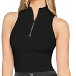 Women's Mock Neck Tank Top, Half Zip Sleeveless Blouse, Cotton Blend Workwear, Black-picture-31