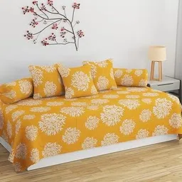 SHOMES 100% Cotton Feel Printed Diwan Set Covers 6 Pieces - 1 Single Bed Sheet (60 X 90) with 3 Cushion (16 X 16), 2 Bolster Covers (16 X 32) - Yellow image 1
